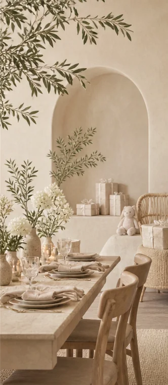 Elegant baby shower setting with neutral decorations, floral arrangements, and thoughtful details.