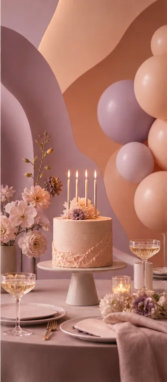 Contemporary birthday celebration with a pastel cake, balloons, flowers, and candlelight.
