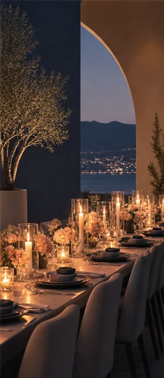 Intimate evening celebration with a beautifully arranged dining table and candlelit setting.