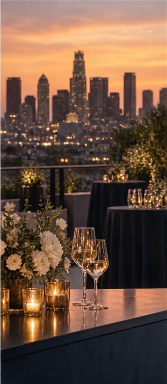 Elegant community gathering overlooking a city skyline at sunset.