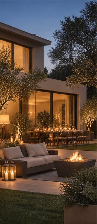 Warm evening family gathering at a contemporary home with outdoor dining and soft lighting.