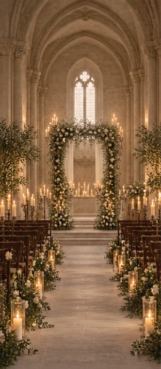 Elegant wedding ceremony in a historic stone chapel with candlelight and floral arrangements.