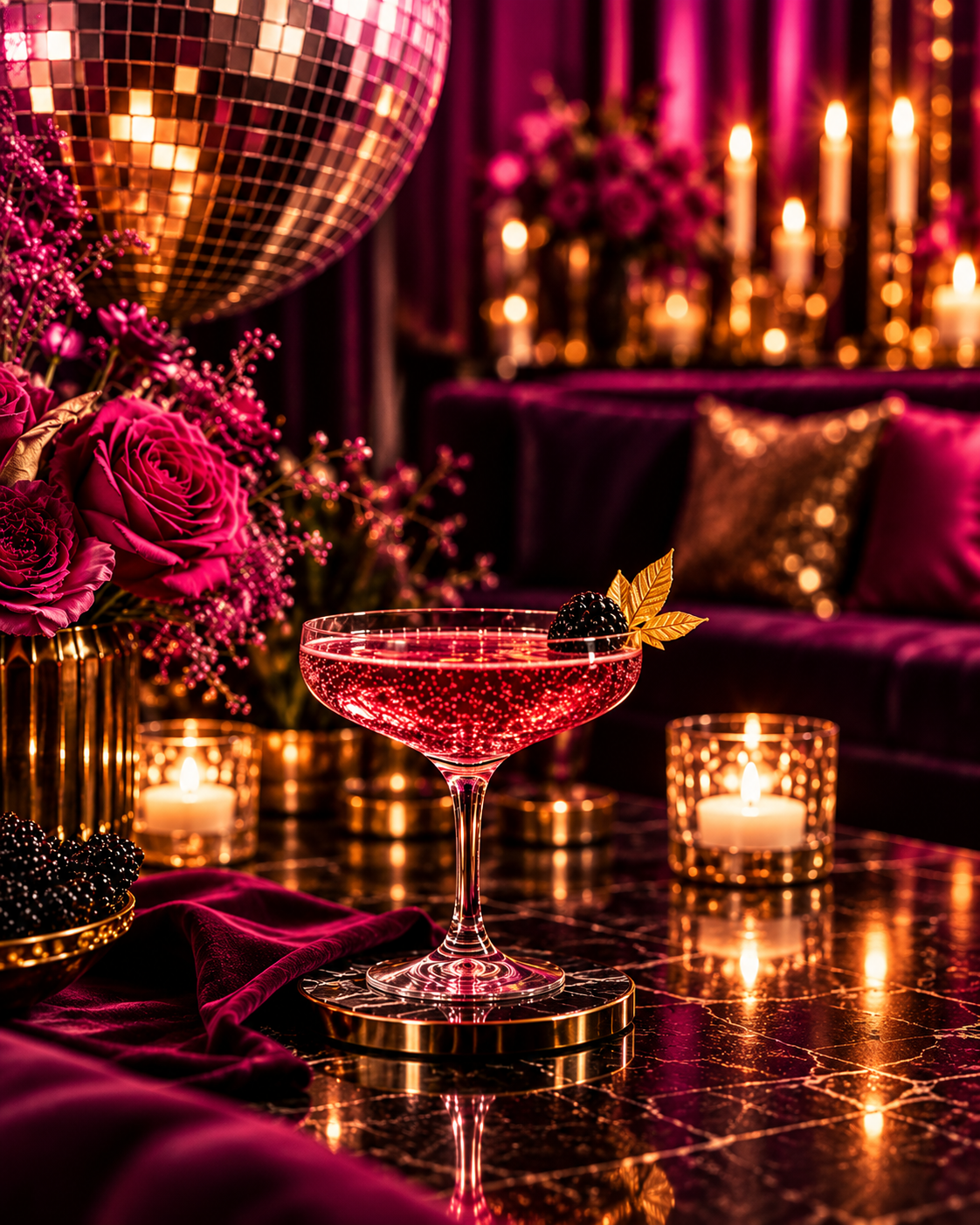 A pink cocktail beside deep pink roses and candlelight in a plum lounge.